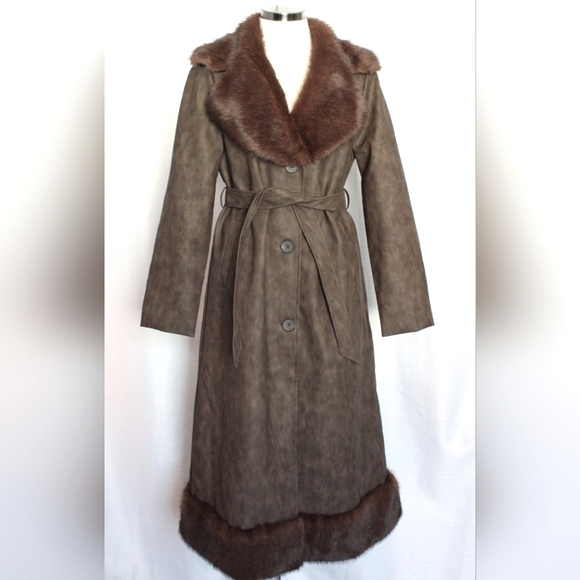 SHEIN Jackets & Blazers - Long Brown Trench Coat – Faux Leather with Faux Fur Trim (Size: XS)